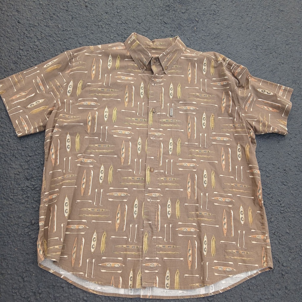 Woolrich Shirt Mens XL Brown Canoe Kayak Print Short Sleeve Button Up Outdoor
